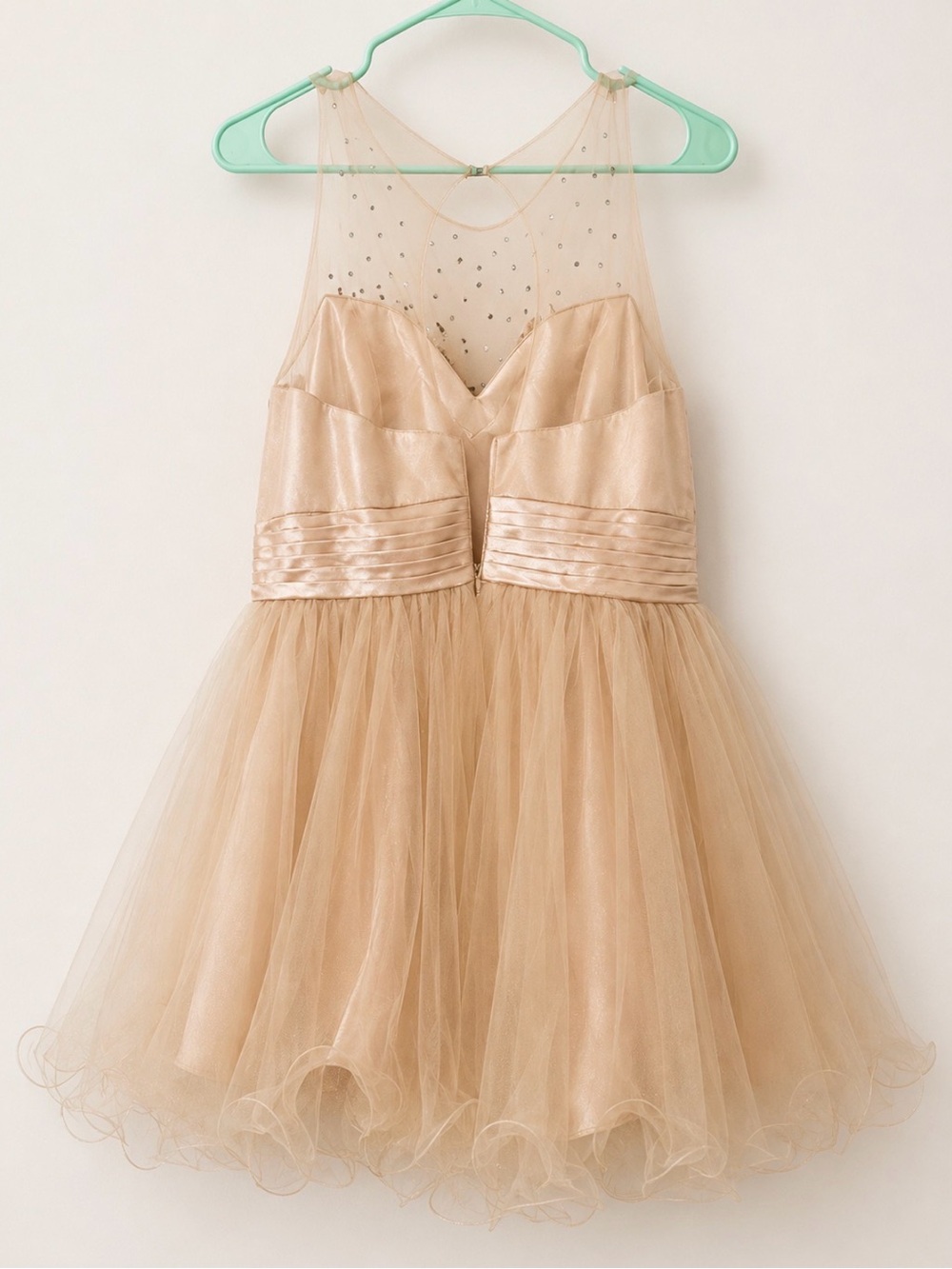 Sleeveless Champagne Tulle Fit-and-Flare Dress with Illusion Neckline - Picture 5 of 10